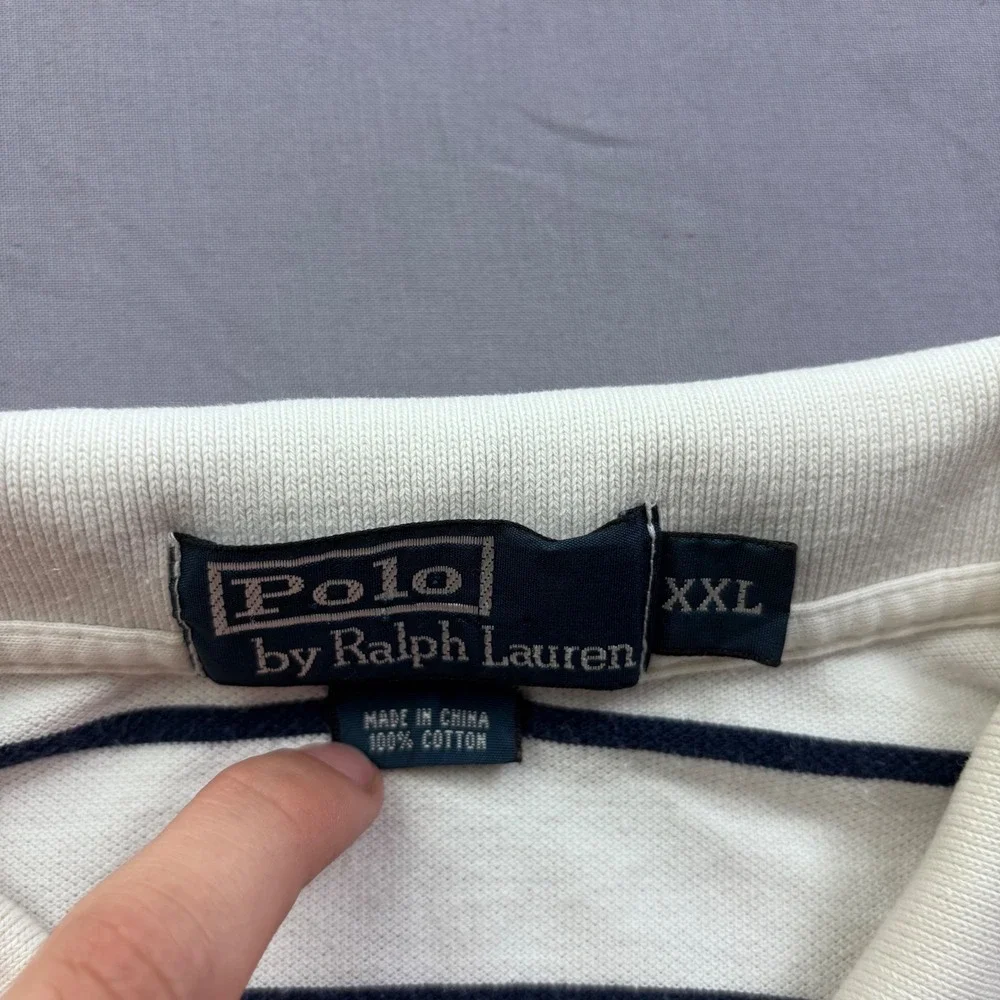 Polo Ralph Lauren Mens XXL Cream Navy Blue Striped Cotton Pique Polo Shirt
